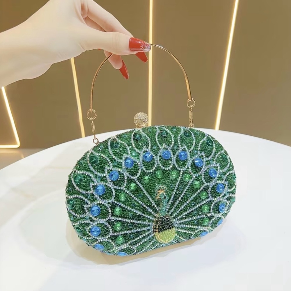 NWT Green and Blue Rhinestone Peacock Clutch - Picture 6 of 8